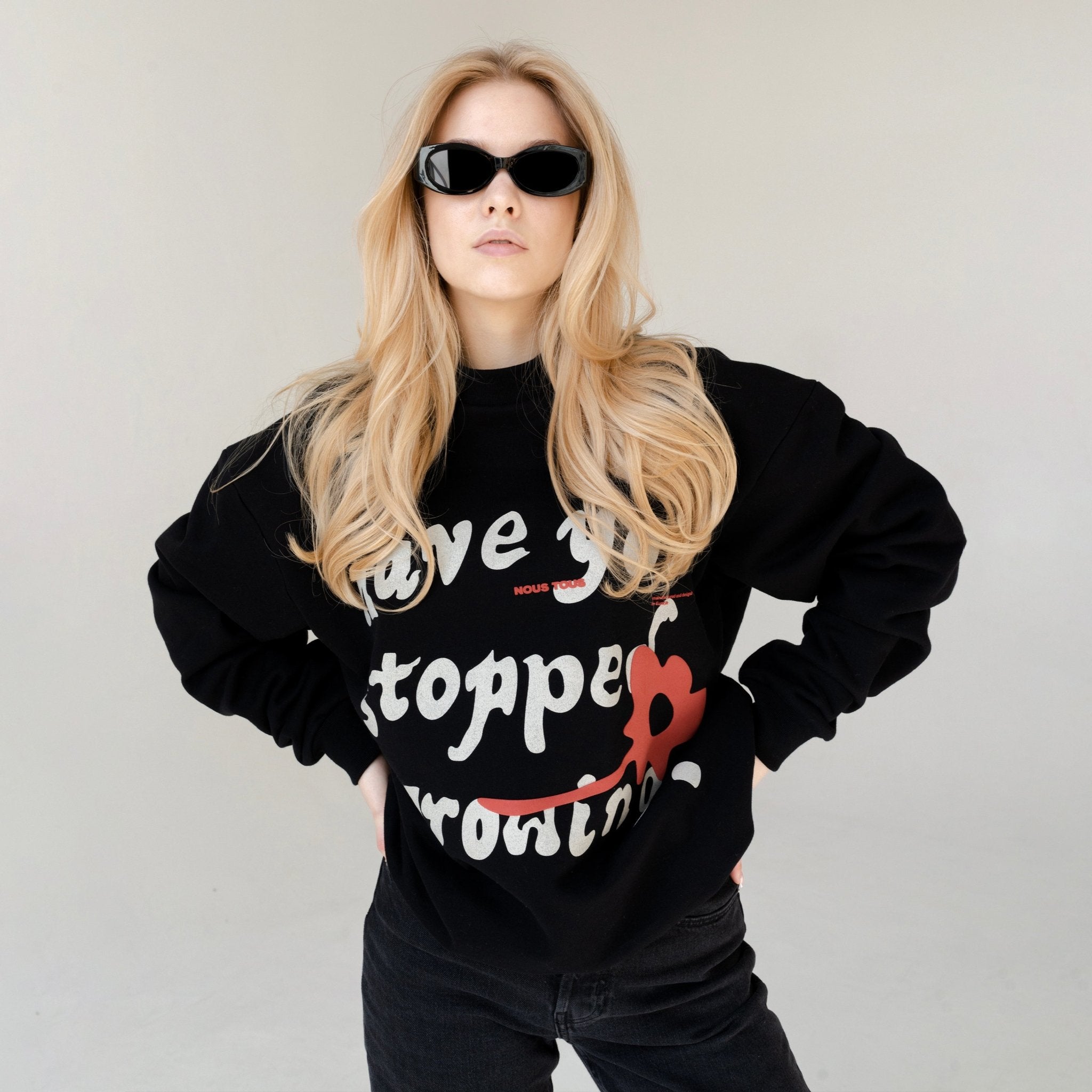 BLUZA CREWNECK HAVE YOU STOPPED PUFF PRINT WASHED BLACK - Nous Tous